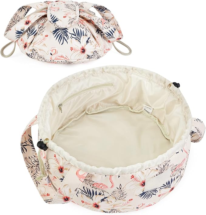 Barrel Drawstring Makeup Bag Large Floral Cosmetic Bag Make up Bags Toiletry Organizer for Women and Girls (Beige Flamingo) (Patent)