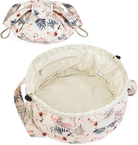 Barrel Drawstring Makeup Bag Large Floral Cosmetic Bag Make up Bags Toiletry Organizer for Women and Girls (Beige Flamingo) (Patent)