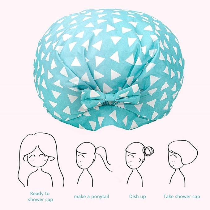 Auban Extra Large Shower Cap, Bowknot Double Layer Reusable Bath Hair Caps With Silky Satin for Women Beauty Bathing, Hair Spa, Home Hotel Travel Use (Blue Triangle)