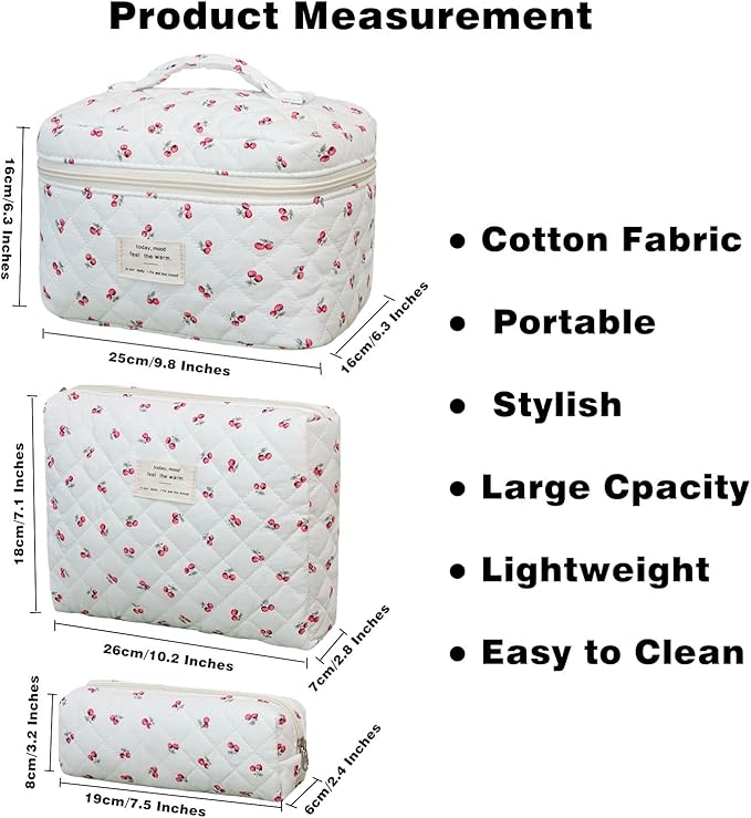 3 Pack Makeup Bag Set, Quilted Cosmetic Bag, Large Floral Makeup Bags, Cotton Makeup Bags, Coquette Makeup Pouch, Make Up Organizer Bag, Flower Travel Toiletry Bag (Cute Cherry)