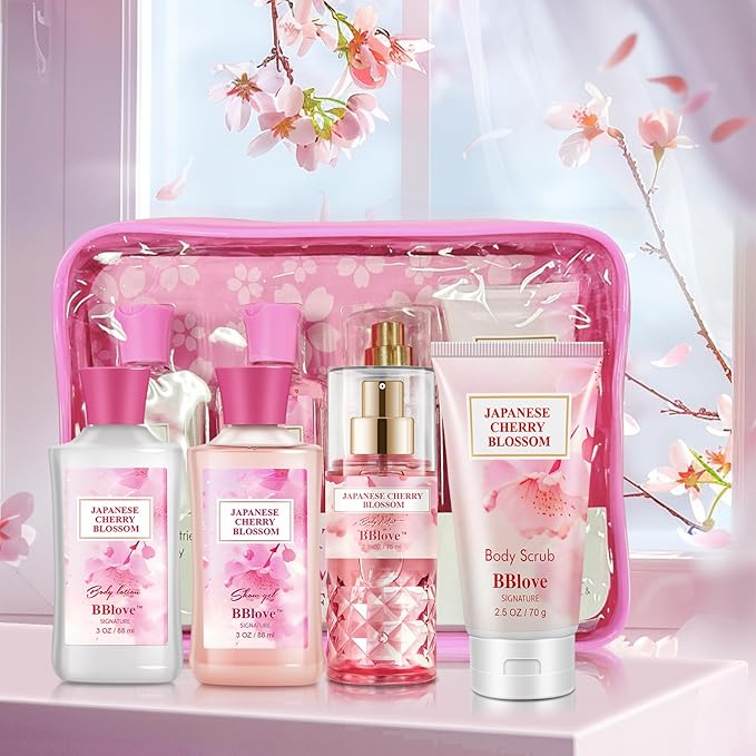 Bath and Body Gift Set for Women & Girls, Japanese Cherry Blossom, 4PCS Set for-Shower Gel, Body Lotion, Body Mist, Exfoliating Scrub, Body Care Set