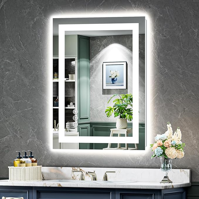 24x30 Inch LED Bathroom Mirror with Lights Front and Backlit Lighted Vanity Mirror for Bathroom Wall with 3 Colors Dimmable Anti-Fog Memory Shatter-Proof IP54 Waterproof Horizontal/Vertical