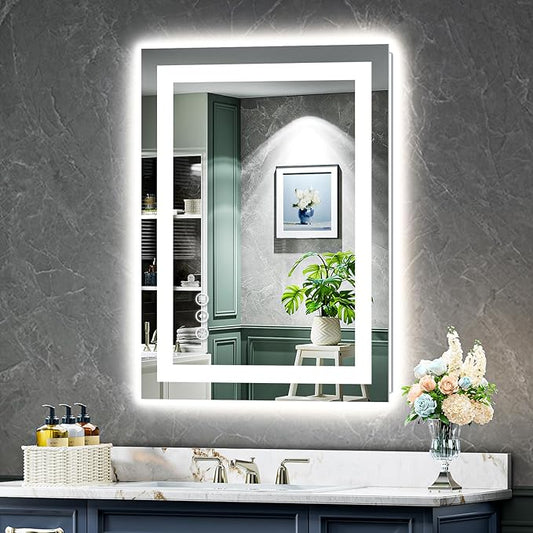 24x30 Inch LED Bathroom Mirror with Lights Front and Backlit Lighted Vanity Mirror for Bathroom Wall with 3 Colors Dimmable Anti-Fog Memory Shatter-Proof IP54 Waterproof Horizontal/Vertical