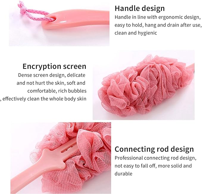 3 Pack Back Scrubber Long Handled Bath Brush Soft Mesh Sponge Exfoliating Body Scrub Back Cleaner Loofah Bathroom Shower Accessories for Women and Men (Pink)