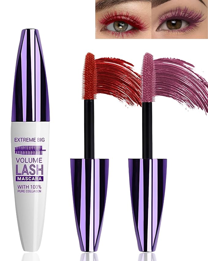 5D Burgundy Bright Red Mascara for Eyelashes-2Pcs Longlasting Waterproof Smudgeproof Colored Mascara Volume and Length,Volumizing Curling Lashes rimel de pestañas,Women's Day Eye Makeup Gift for Women