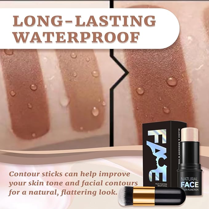 3 Pcs Cream Contour Sticks, Contour Makeup Shades with Highlighter Stick, Blush Stick and Bronzer Stick, Contour Kit with Contour Brush Blendable, Waterproof, Long-lasting