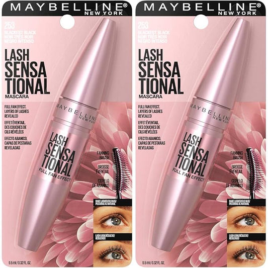 Maybelline Lash Sensational Washable Mascara, Lengthening and Volumizing for a Full Fan Effect, Blackest Black, 2 Count