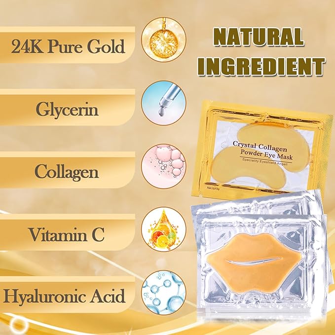 30 Pairs 24K Gold Eye Masks & Lip Masks, Crystal Collagen Eye Patches for Puffy Eyes, Reducing Fine Lines, Cooling Collagen Skin Care Eye Patches for Dark Circles