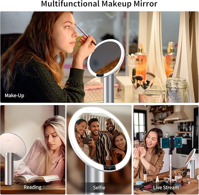 AMIRO 9" Lighted Makeup Mirror with Smart Sensor & Touch-Control, 3 Colors & 6 Brightness, Rechargeable & Cordless, Memory Function, Free Rotation, Gift for Woman - White