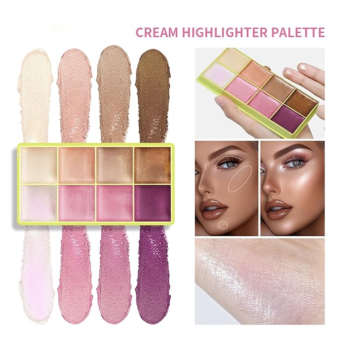 8-Color Cream Highlighter Palette for Older Woman – Suitable for Dry and Mature Skin, Lightweight & Waterproof Face Highlighter for a Luminous Glow, Makeup Palette for Contour, Highlighting & Strobing