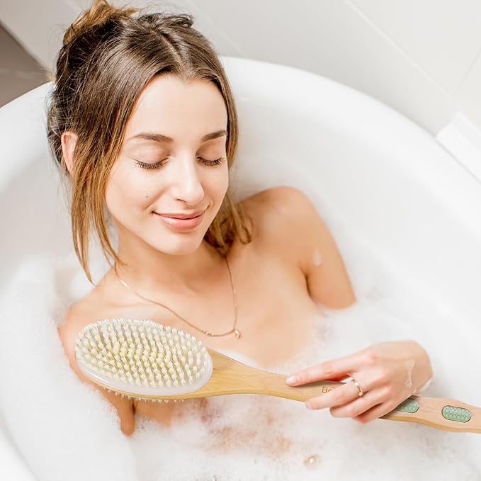 Bearona Body Brush with Exfoliating Mitt Set,Dual-Sided Long Handle with Soft and Stiff Natural Bristles, Shower Scrub for Dead Skin Removal,Body Exfoliator for Bath or Dry Brush