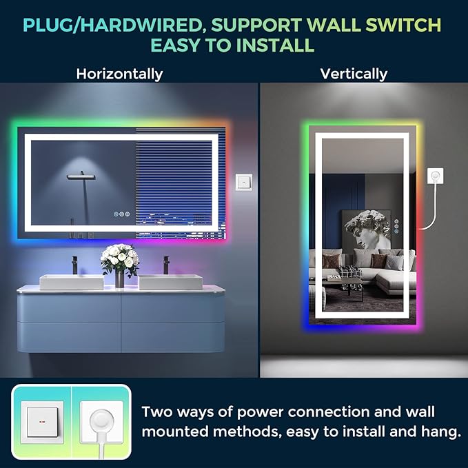 55x30 Inch RGB LED Bathroom Mirror Front Light and RGB Backlit Lighted Vanity Mirror for Bathroom Wall Mounted Dimmable Anti Fog Memory Shatter-Proof IP54 Waterproof Horizontal/Vertical