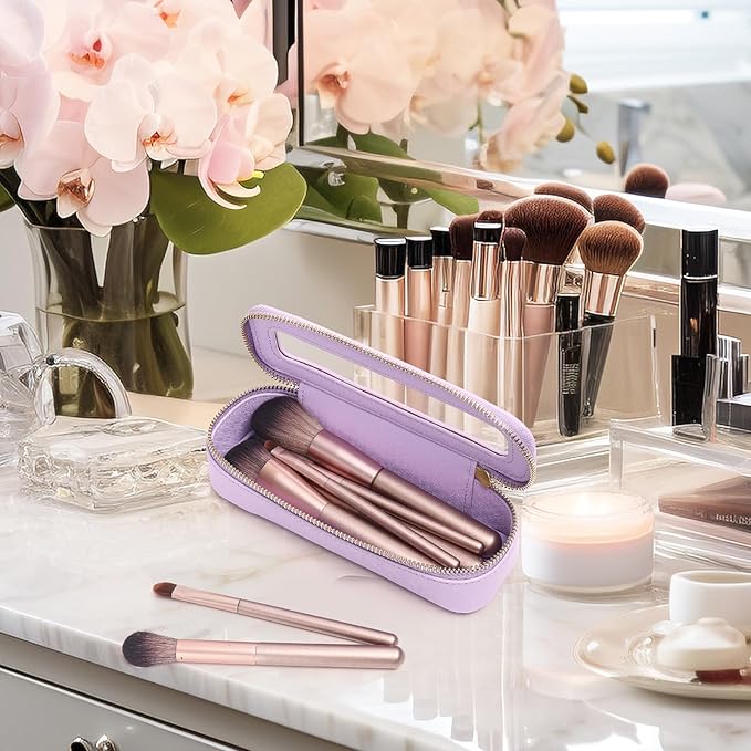 Makeup Brush Case Clear Travel Cosmetic & Toiletry Bag Slim Makeup Bag with Zipper Small Purse Organizer Car Essential Bag for Women (X/Purple, SLIM-3)