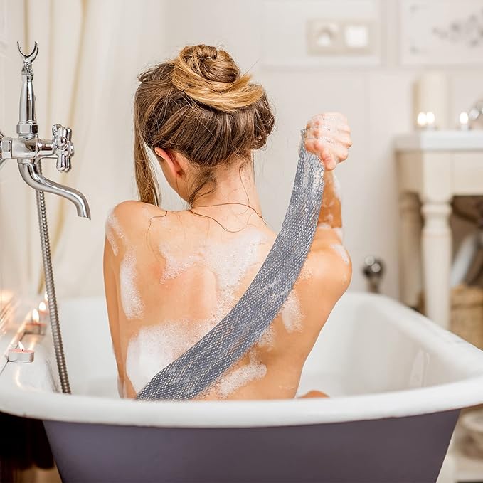 4 Pieces African Net Bath Net Sponge Body Exfoliating Polyester Cleaning Shower Body Scrubber Back Scrubber Exfoliating Wash Bath Cloth for Daily Use (Black, Blue, White, Gray,7.8 x 27.6 Inch)