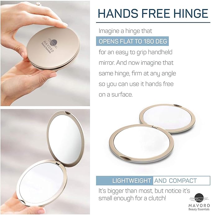 Magnifying Compact Mirror for Purses, 1x/10x Magnification – Double Sided Travel Makeup Mirror, 4 Inch Small Pocket or Purse Mirror. Distortion Free Folding Portable Compact Mirrors (Champagne Gold)