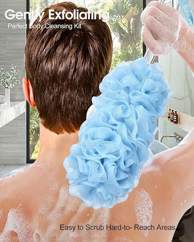 (2+1) Pack Back Scrubber for Shower，Loofah with Handle: 2PCS Long Handle Loofa Back Scrubber, 1PCS Luffa Hook, Charcoal Loofah Pack for Women Men Bath Wash, Blue