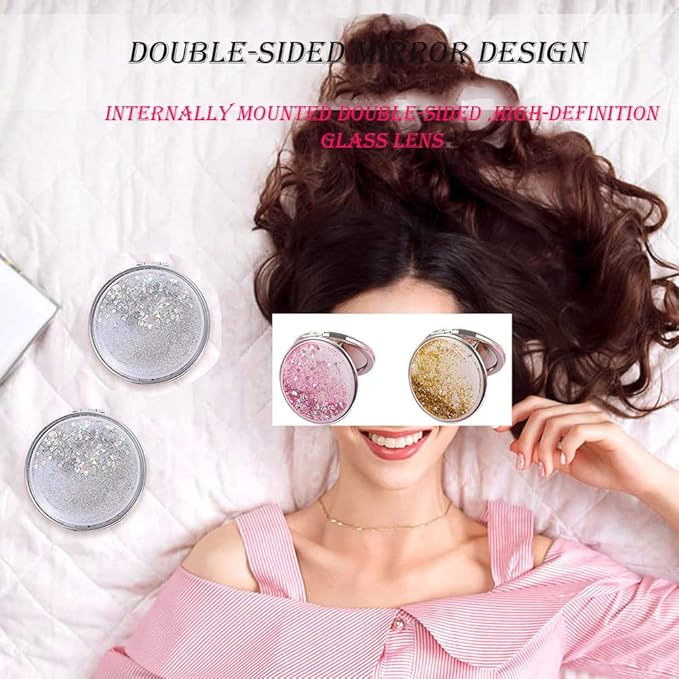 AKOAK 1 Pack Compact Mirror, Portable Quicksand Pocket Travel Makeup Mirror, Folding Hand-held Double Sided 1x/2x Magnifying Glass, Great Gift for Women and Girls (Silver)