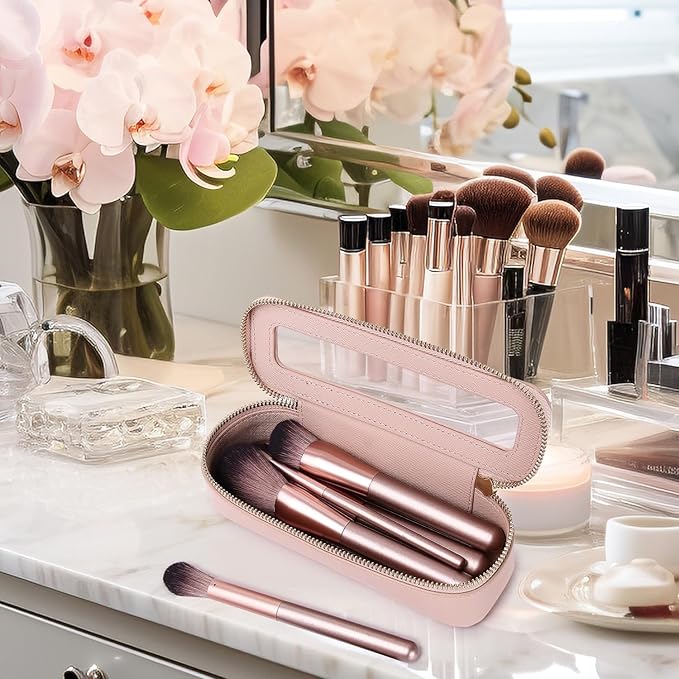 Makeup Brush Case Clear Travel Cosmetic & Toiletry Bag Slim Makeup Bag with Zipper Small Purse Organizer Car Essential Bag for Women (Pink, SLIM-3)
