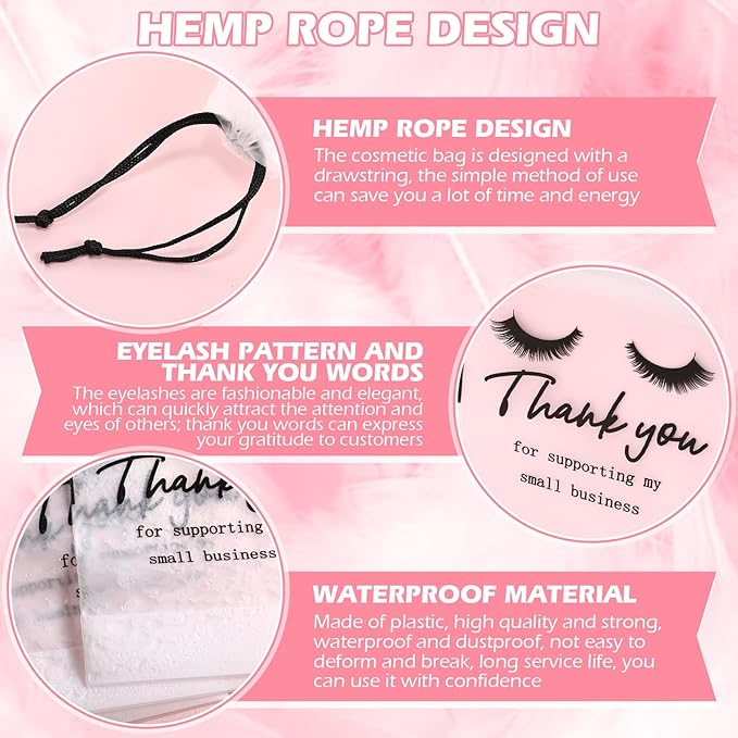 Abbylike 100 Pcs Eyelash Aftercare Lash Bags for Clients Eye Lash Print Drawstring Makeup Bag Empty Beauty Gift Cosmetic Sample Pouch for Women Small Business Supplies, 4 x 6 in(White)