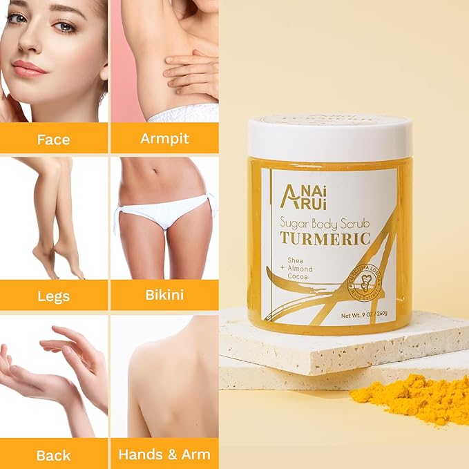 ANAI RUI Turmeric Body Scrub Exfoliator, Sugar Scrub for Exfoliating, Smoothing, Hydrating Skin, Face & Body Scrub with Turmeric, Face Body Hand and Foot Scrub, Moisturizing Body SkinCare, 9 OZ