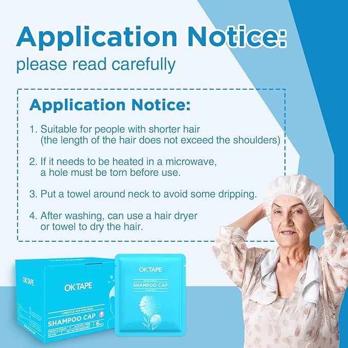 OK TAPE No Rinse Shampoo Cap (6 Packs), Microwaveable Rinse Free Caps for Bedridden Patients or Elderly, Waterless Shampoo and Condition Hair, Chamomile Fragrance