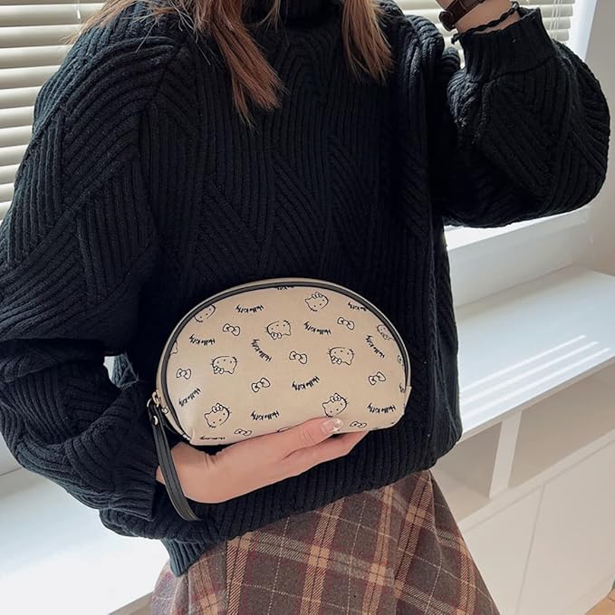 AmBealla Portable Storage Bag Cosmetic Bag for Women,Small Cute Compact Travel Makeup Bag for Keys and Phone, Beige Cotton Organizer with Wristband,Portable Mini Bag for Girls