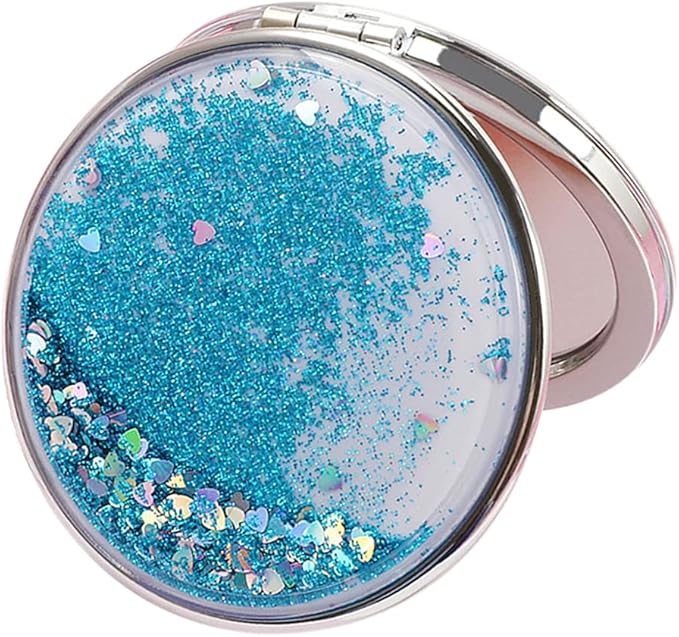AKOAK 1 Pack Compact Mirror, Portable Quicksand Pocket Travel Makeup Mirror, Folding Hand-held Double Sided 1x/2x Magnifying Glass, Great Gift for Women and Girls(Blue)