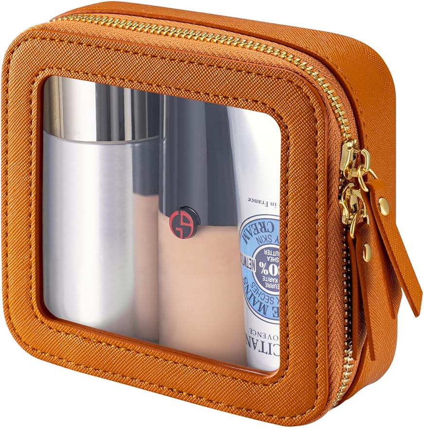 Mini Makeup Bag for Purse - Clear Travel Leather Toiletry Bag with Zipper - Car Organizer Bag - Small Waterproof Cosmetic Organizer Case for On-the-Go Essentials （Orange brown）
