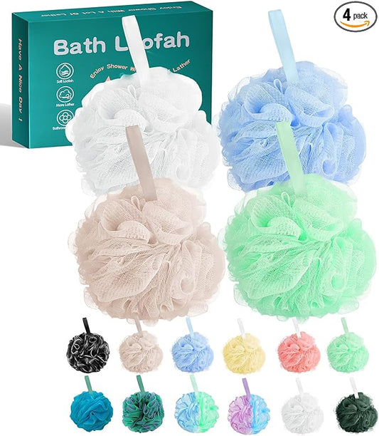 Amazerbst 4 Pack Bath Sponges Mesh Balls Shower Loofahs Wash Back Body Cleaning Scrubber Exfoliator Loofah Sponge Bathing Accessories Women Men