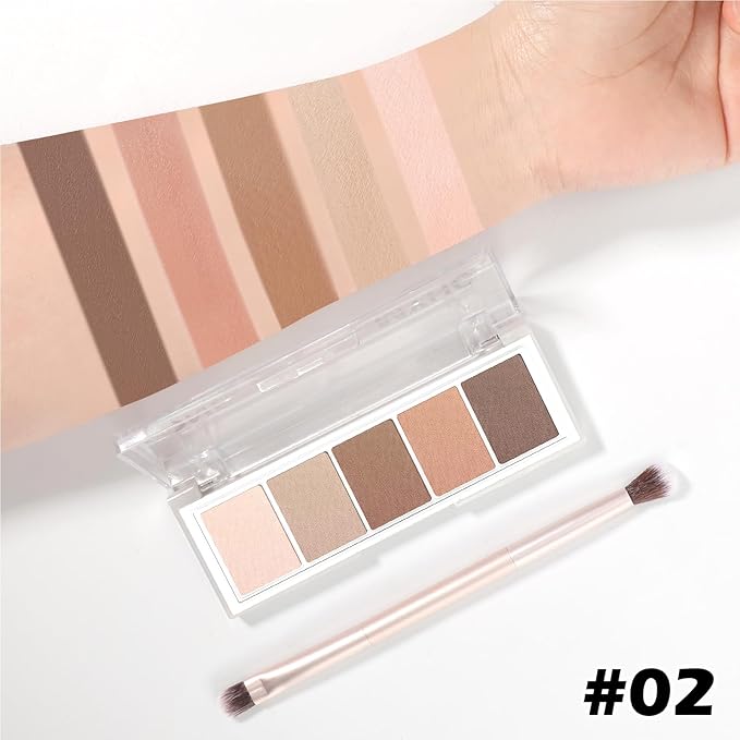 5 Colors Matte Eyeshadow Palette with Brush - Neutral Nude Taupe Brown Eye Shadow Palette Makeup, Natural Waterproof Cool-Toned Eyeshadow for Green & Blue & Brown Eyes and Smokey Makeup, 02#