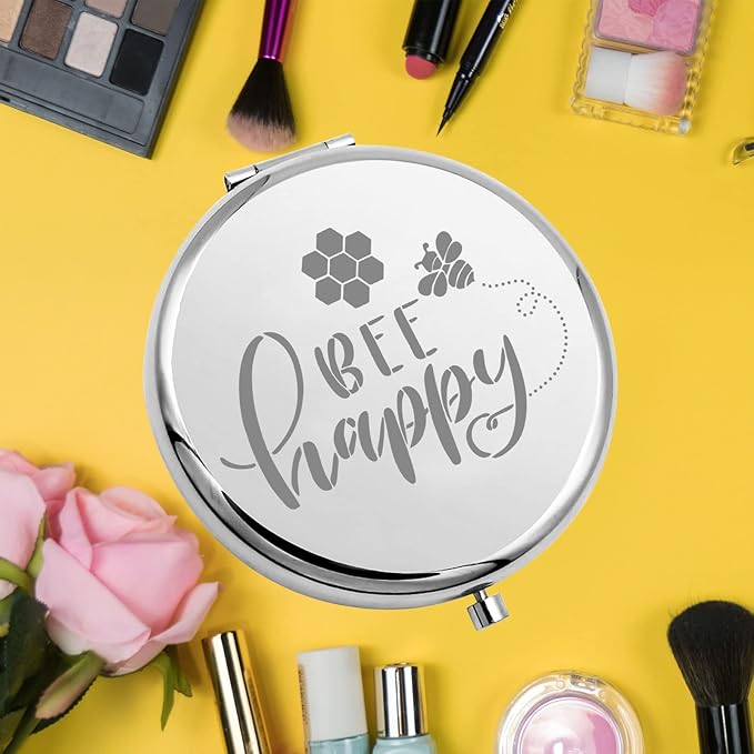 bobauna Bee Pocket Mirror with Bumble Honeybee Motivational Gift Bee Happy Makeup Mirror for Women (Bee Happy -M)