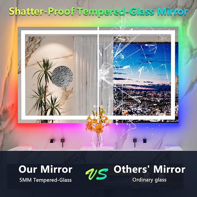 60x36 Inch RGB LED Bathroom Mirror Front Light and RGB Backlit Lighted Vanity Mirror for Bathroom Wall Mounted Dimmable Anti Fog Memory Shatter-Proof IP54 Waterproof Horizontal/Vertical