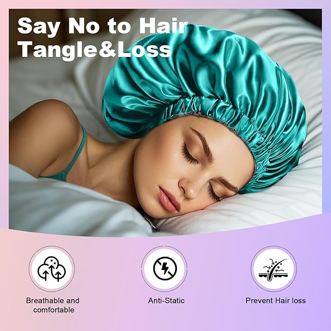 2PCS Silk Sleeping Bonnet，Double Layer Satin Bonnet for Women，Adjustable Silk Hair Cap, Shower Cap, Ideal Gift (Black+Blue)