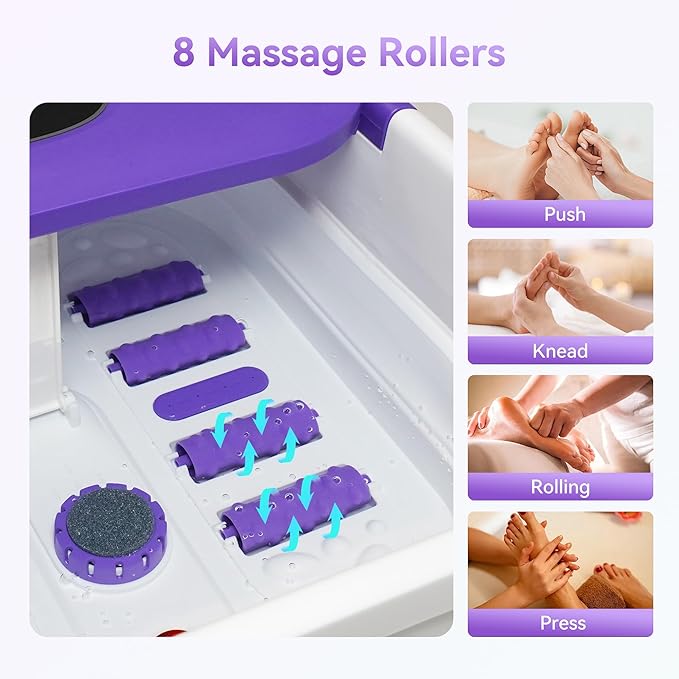 Foot Spa Bath Massager with Heat, Collapsible Foot Massager Spa Soaking Tub with Bubbles, Red Light, Pumice Stone, Shiatsu Massage Rollers, Pedicure Foot Spa for Relaxation, Gifts(Purple)