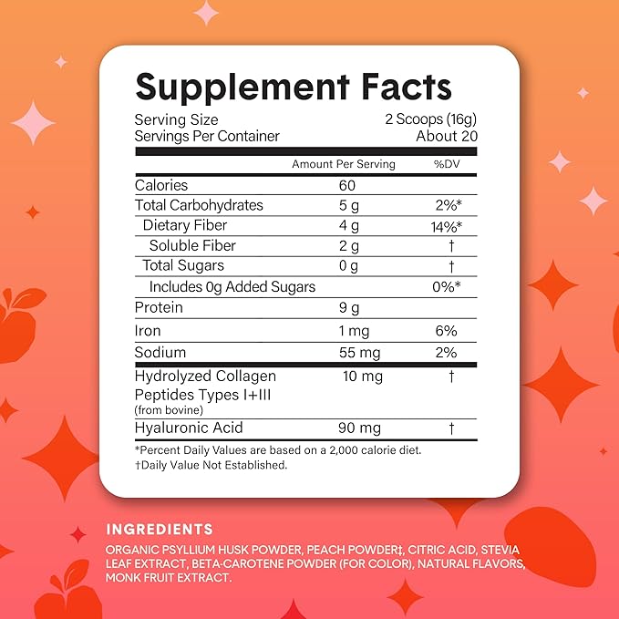 Bellway Super Fiber Powder + Collagen, Sugar-Free Psyllium Husk Powder with Collagen Peptides and Hyaluronic Acid for Digestive Health, Healthy Skin, Nails, Bones & Joints, Peach Mango (20 Servings)