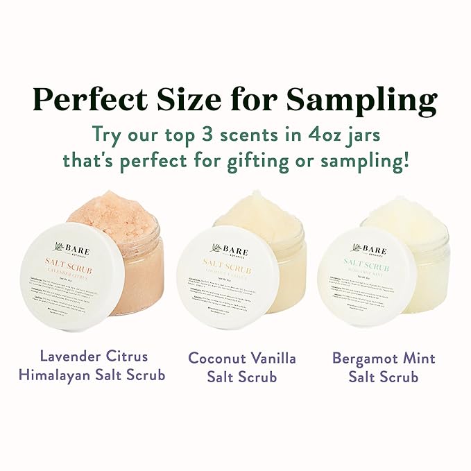 Bare Botanics 3 pc Body Scrub Gift Set - Ready to Gift Naturally Scented Sea Salt Scrub Made in Madison, WI - Formulated w/Skin Loving Moisturizers - Vegan, Cruelty Free Exfoliator w/a Cute Spoon