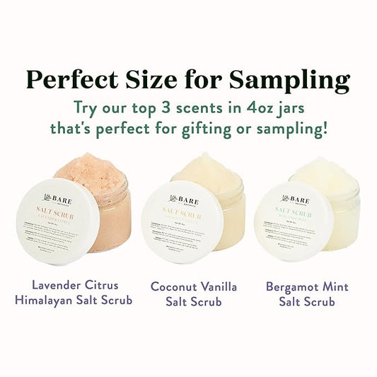 Bare Botanics 3 pc Body Scrub Gift Set - Ready to Gift Naturally Scented Sea Salt Scrub Made in Madison, WI - Formulated w/Skin Loving Moisturizers - Vegan, Cruelty Free Exfoliator w/a Cute Spoon