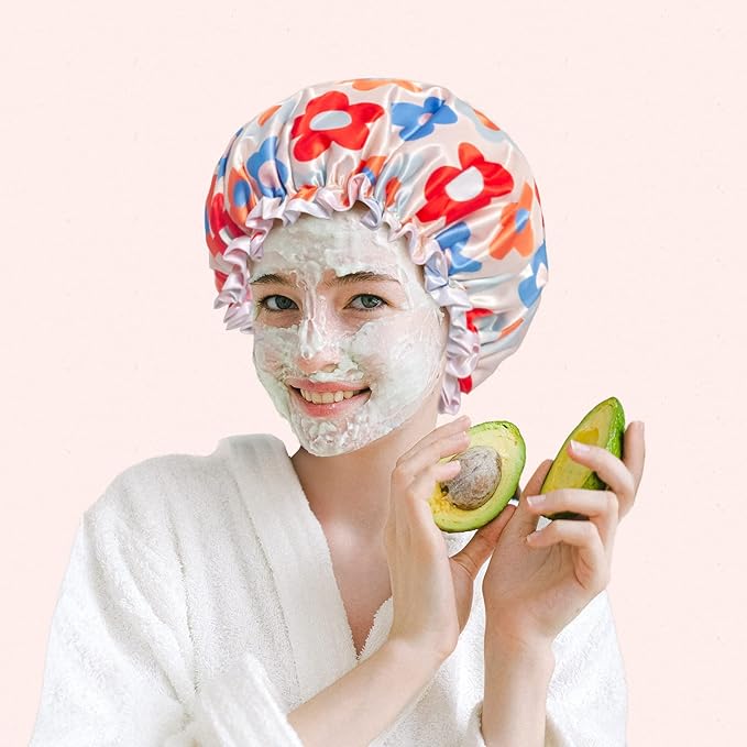 Aquior Large Shower Cap, Shower Cap for Women Reusable Waterproof, Bath Hair Cap for All Hair Lengths,for Ladies, Men and Kids (Flower)