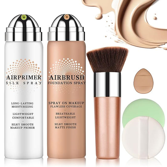 Air Brush Makeup Foundation Spray and Primer for Face Before Makeup,Silk Airbrush Flawless Setting Spray,Waterproof,with Brush and 2 Powder Puffs (03 Nude)