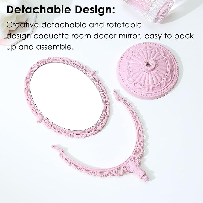AKOAK 1 Pack Desktop Makeup Mirror, Oval Desk Makeup Mirror, Double-Sided 360-degree Rotating Makeup Mirror Bathroom Bedroom Makeup Mirror, Travel Mirror Suitable for Women (Pink)