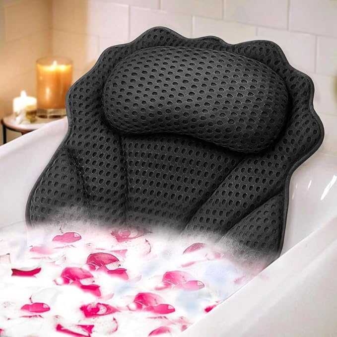 Bath Pillow RUVINCE Ergonomic Luxury Bathtub Pillow with Head,Neck, Shoulder and Back Support, 4D Bath Pillows for tub with 6 Powerful Suction Cups, Fits All Bathtub, Spa Tub, Hot Jacuzzi (Black)