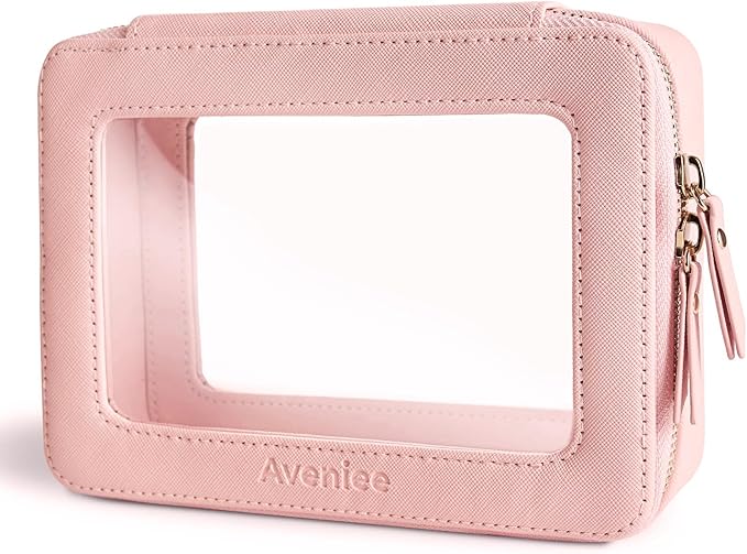 Aveniee Clear Makeup Bag Organizer, Portable Travel Toiletry Cosmetic Bag Case for Women, Heavy Duty Make Up Pouch with Transparent Vinyl Windows & Gold Zippers(Pink)