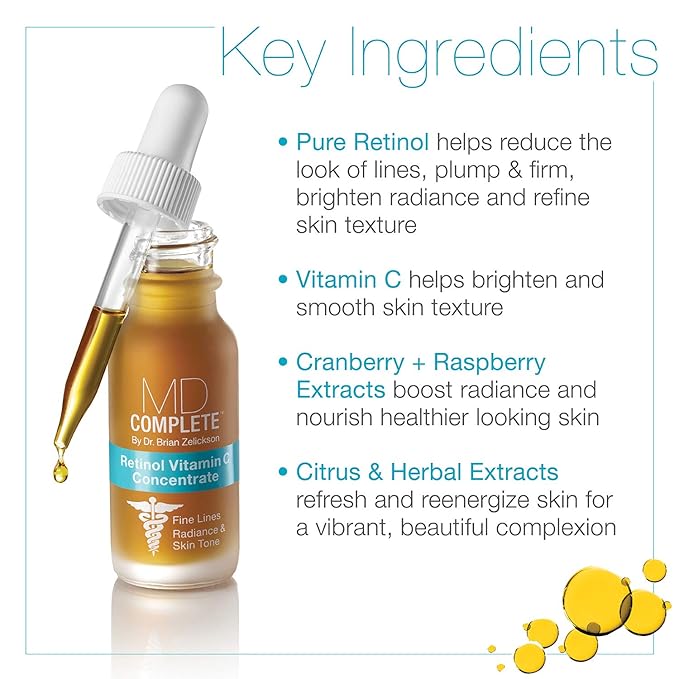 MD Complete Retinol Vitamin C Concentrate Serum | Anti-Aging High Potency Vitamin C Serum | with Retinol, Vitamins C & E, Omega 3-6 & 9, Fruit Seed Extracts 0.5fl oz
