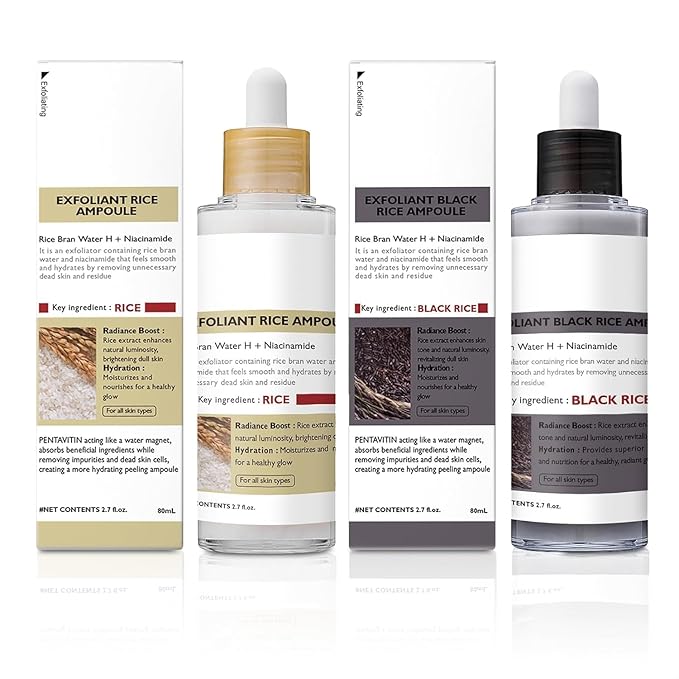 2PCS Rice Exfoliating Ampoule Set, 2025 Upgrade Black & White Rice Exfoliant, Peel & Shot Glow Rice Ampoule Duo for Glowing Skin | Gentle Peel + Pore Minimizing & Deep Hydration for All Skin Types