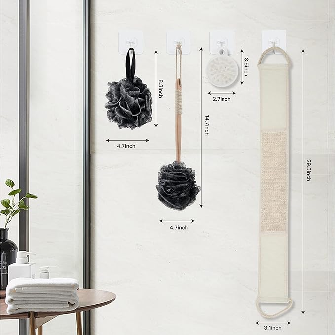 8Pack Bath Brush Set -Shower Loofah Sponge with Long Handled,Natural Loofah Exfoliating Back Scrubber for Shower, Luffa Pouf,Scalp Massager and 4 Hook,Back Scrubber for Shower for Men and Women