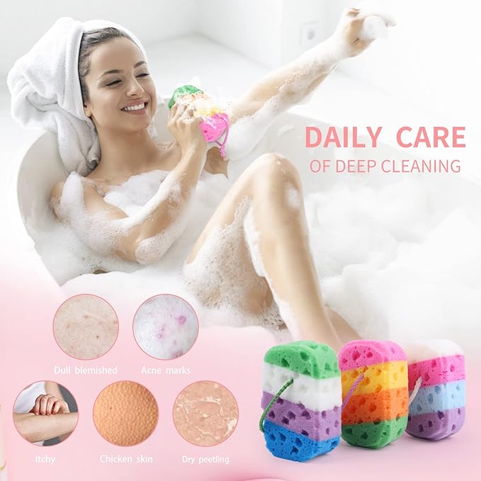 3 Pcs Exfoliating Bath Sponges for Shower,ＴＩＺＹＦＦ Bath Sponge Loofah for Body Wash Bathroom Vivid Colors Soft Bathing Accessories