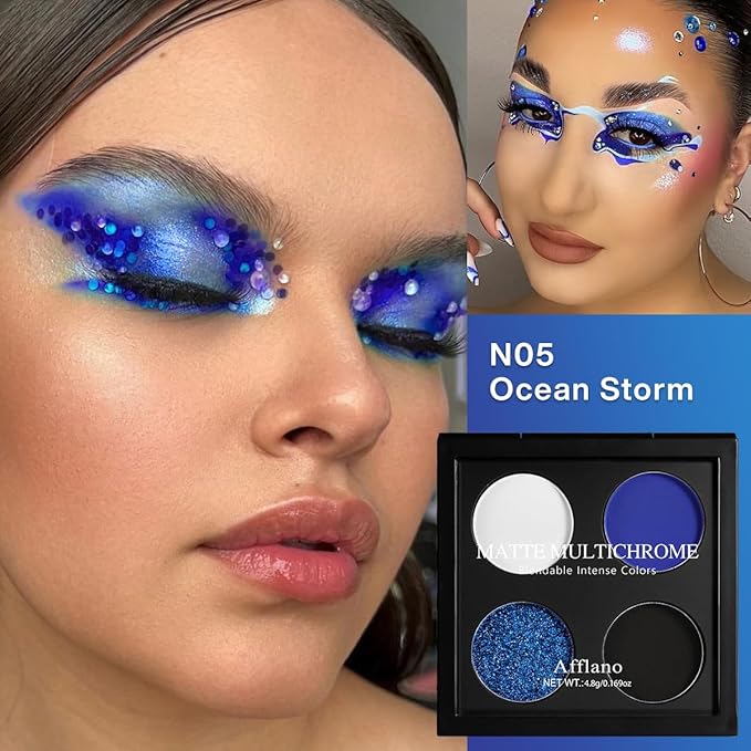 Afflano Multichrome Vibrant Blue Eyeshadow Palette, 4-Color Highly Pigmented Long-Lasting Blue Eyeshadow Makeup, Blendable Duochrome Shimmer Matte Shades for Natural & Smoky Eye Looks Travel-Size