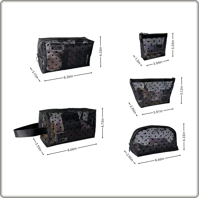 5 Pieces Zipper Mesh Cosmetic Bags Set, Mesh Heart Makeup Bags Toiletry Bags, Portable Travel Makeup Bags for Women, Small Items Storage Organizer Bags for Travelling (Black)