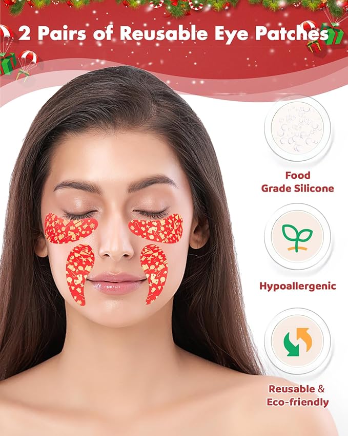 2 Pairs Reusable Under Eye Wrinkle Patches Silicone Mask, Plump Fine Lines & Wrinkles, with Metal Eye Cream Applicator, Tin Case, Christmas Red
