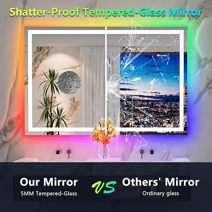 60x40 Inch RGB LED Bathroom Mirror Front Light and RGB Backlit Lighted Vanity Mirror for Bathroom Wall Mounted Dimmable Anti Fog Memory Shatter-Proof IP54 Waterproof Horizontal/Vertical